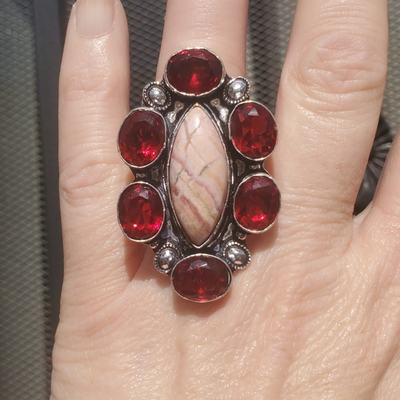 New Oversized Rhodochrosite & Garnet 925 Silver Statement Ring. - Picture 12 of 16